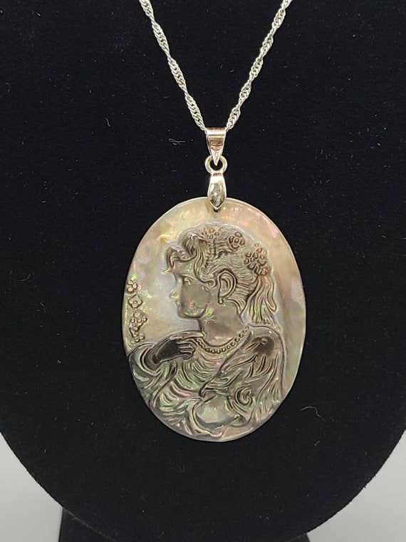 Carved Abalone Cameo Necklace, 925 Silver Abalone… - image 10