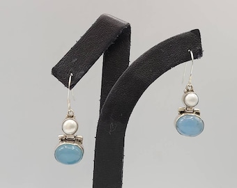 Blue Chalcedony and Pearl Earrings, 925 Silver Chalcedony Earrings, Multi-gem Drop Earrings Item w#2600