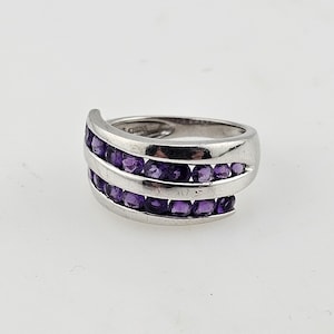 Vintage 925 Sterling Silver Amethyst Bypass Ring – February Birthstone Ring, Size 7, Estate Jewelry, W#3415
