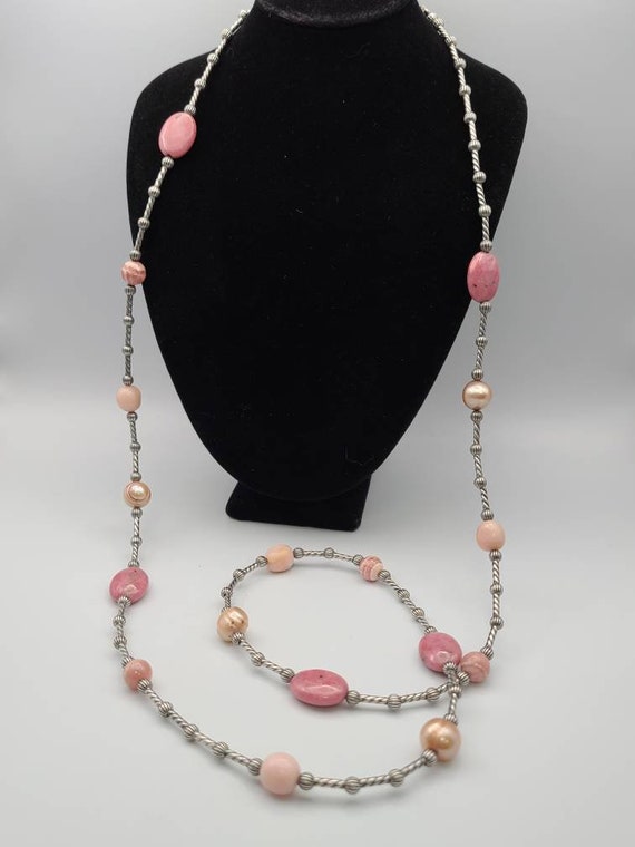 Rhodochrosite, Rhodonite, and Pearl Necklace, 925… - image 4