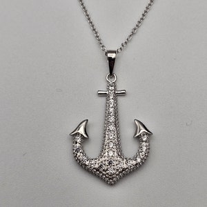 Cubic Zirconia Anchor Necklace in 925 Silver, Nautical Jewelry, Gift For Sailor, Estate Jewelry, w#3713