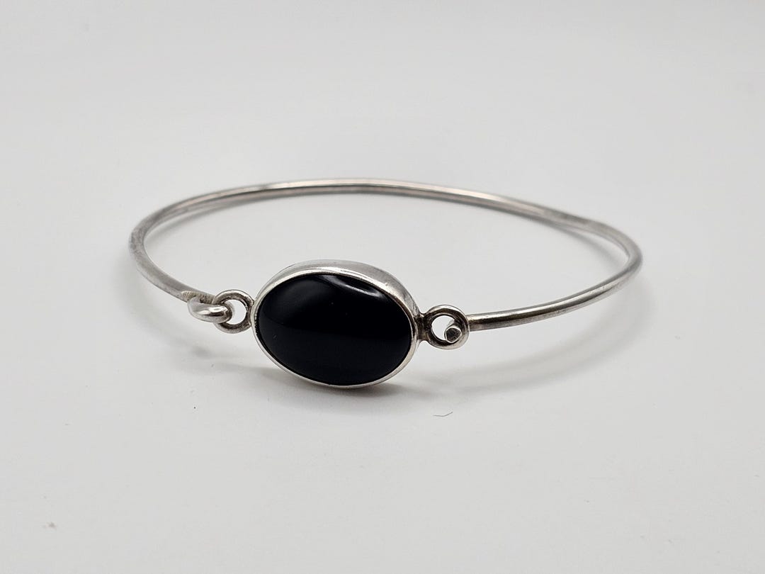 925 Silver Black Onyx Modernist Bangle Bracelet, Mexican