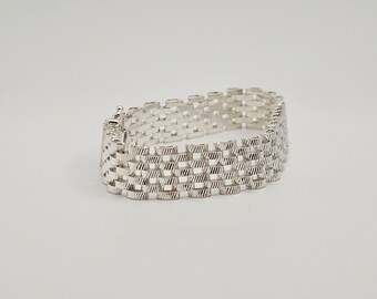 Vintage 925 Silver Wide Fancy Diamond Cut Link Bracelet, 8mm