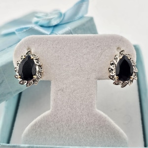 Vintage 14k Yellow & White Gold Sapphire Halo Earrings – Pear Cut, Diamond Accents, September Birthstone, Estate Jewelry, w#1193