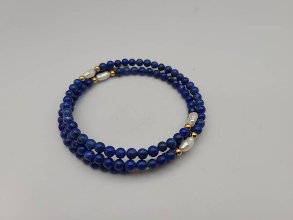 Lapis Lazuli and Pearl Bracelet, 14k Yellow Gold … - image 4