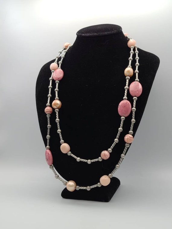 Rhodochrosite, Rhodonite, and Pearl Necklace, 925… - image 1