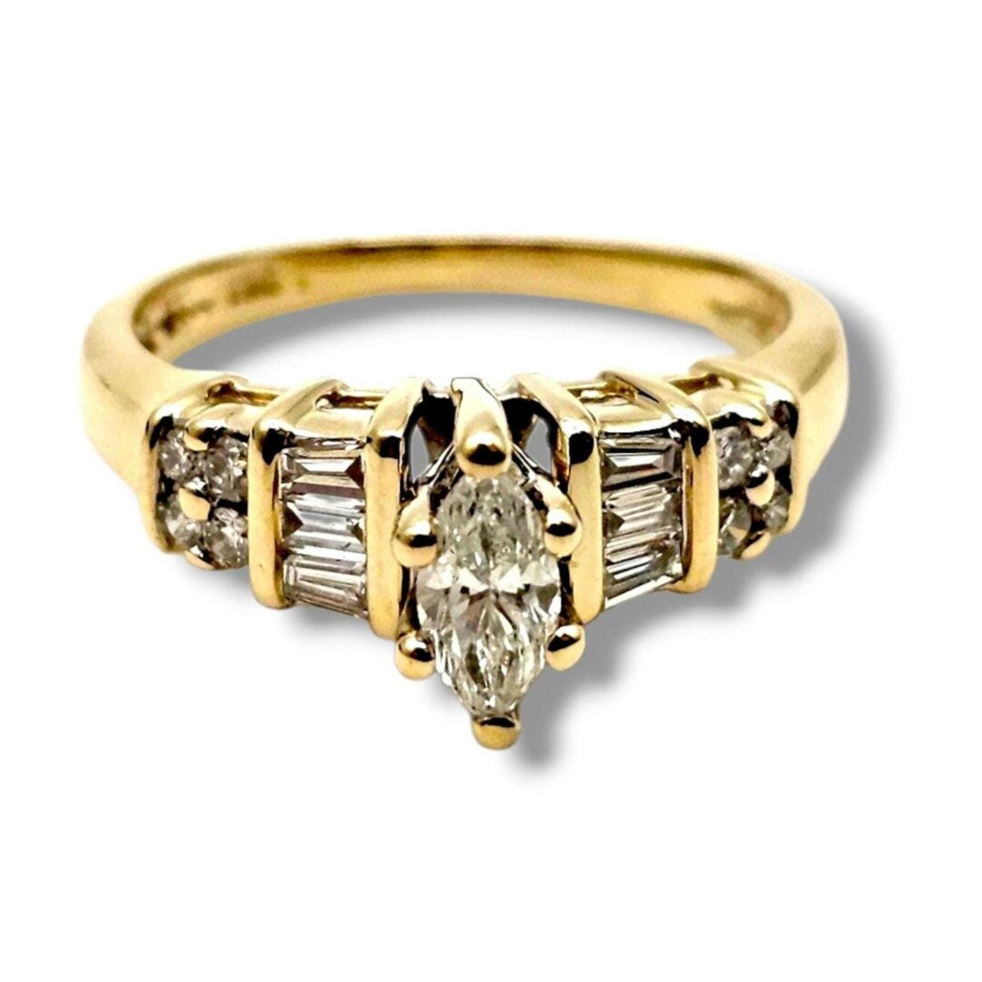 Vintage 14k Yellow Gold Marquise Diamond Engagement Ring - Size 5.75 ...