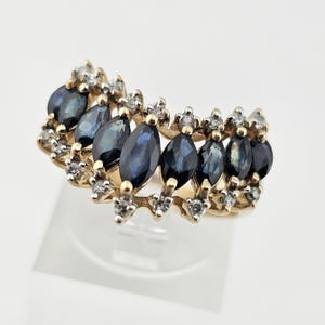 Vintage 14k Yellow Gold Marquise Sapphire & Diamond Ring – 1.71 CTW Sapphire Chevron Ring - Size 6.75 - Appraised Estate Jewelry, w#363