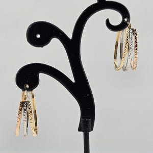 Vintage 14k Tri-Gold Oval Hoop Earrings Textured Three-Tone Gold Hoops, Estate Jewelry Gift, W#3168