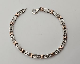 925 Silver and 10k Rose Gold Diamond Bracelet, Stampato Bracelet, Estate Jewelry, Anniversary Gift, 7.5", 4.5mm, W#1695