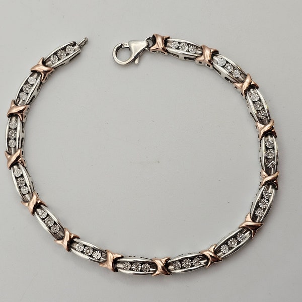 925 Silver and 10k Rose Gold Diamond Bracelet, Stampato Bracelet, Estate Jewelry, Anniversary Gift, 7.5", 4.5mm, W#1695