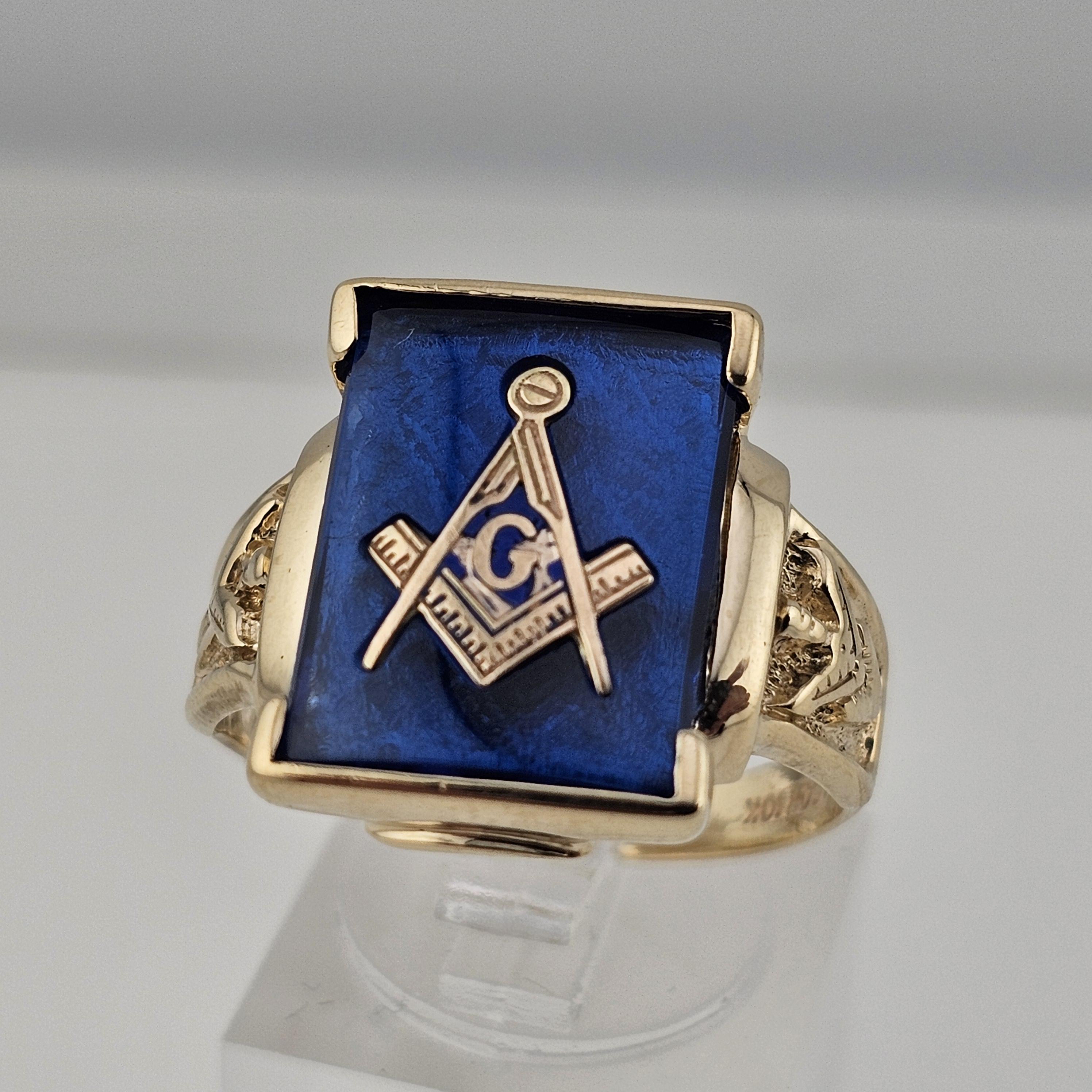 Mens 10k Yellow Gold Freemason Ring - Square & Compass Blue Stone Masonic Ring Size 14
