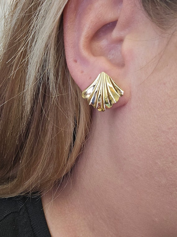 Sculpted Fan Earrings in 14kt Gold, Ruffled Gold … - image 2
