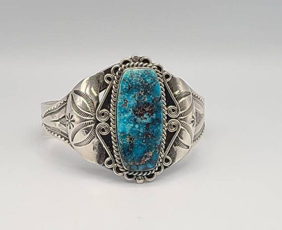 Vintage Native American Sterling Silver Chrysocolla Cuff Bracelet - Estate Jewelry