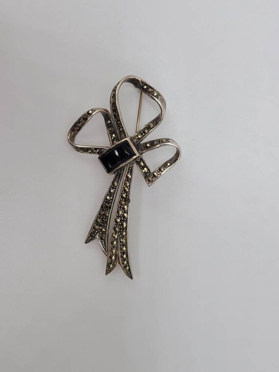 Marcasite and Onyx Bow Pin, 925 Silver, Marcasite… - image 3
