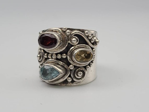 Wide Multi-gem Ring, 925 Silver, Garnet, Blue Top… - image 2