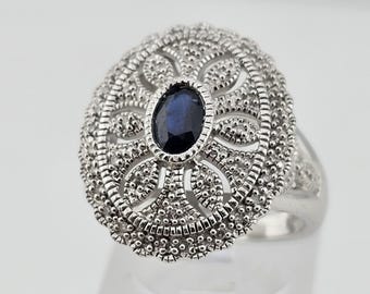 Vintage Sterling Silver Sapphire and Diamond Ring - Size 7 - Estate Jewelry