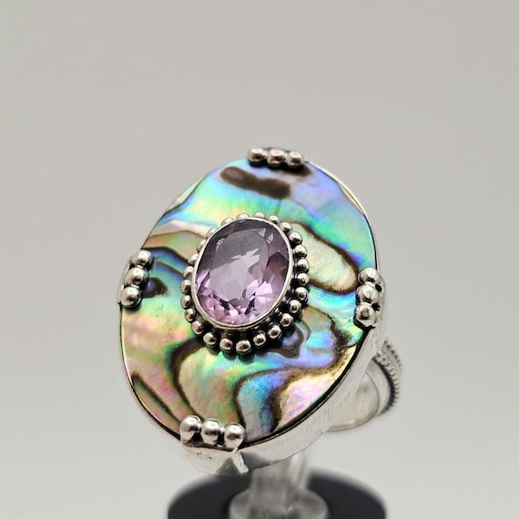 Amethyst Abalone Shell Ring 925 Sterling Silver V… - image 1