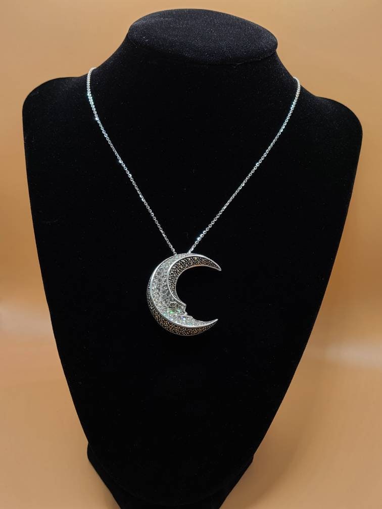 Vintage Cubic Zirconia Marcasite Man in the Moon Necklace 925