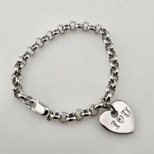 Vintage 925 Sterling Silver I Heart U Charm Bracelet – Engraved Heart Sentimental Message - Rolo Link Bracelet, Estate Jewelry, W#2934