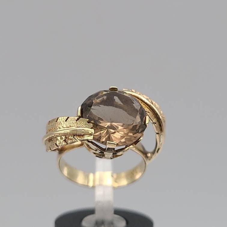Bague Cocktail Quartz Fumé Topaze En Or Jaune 14k - Taille 8, Vintage, Pierre Naturelle