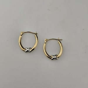 Vintage 14k Two-tone Gold X Hoop Earrings - Small/Medium Sized Hoops, Estate Jewelry, w#4013