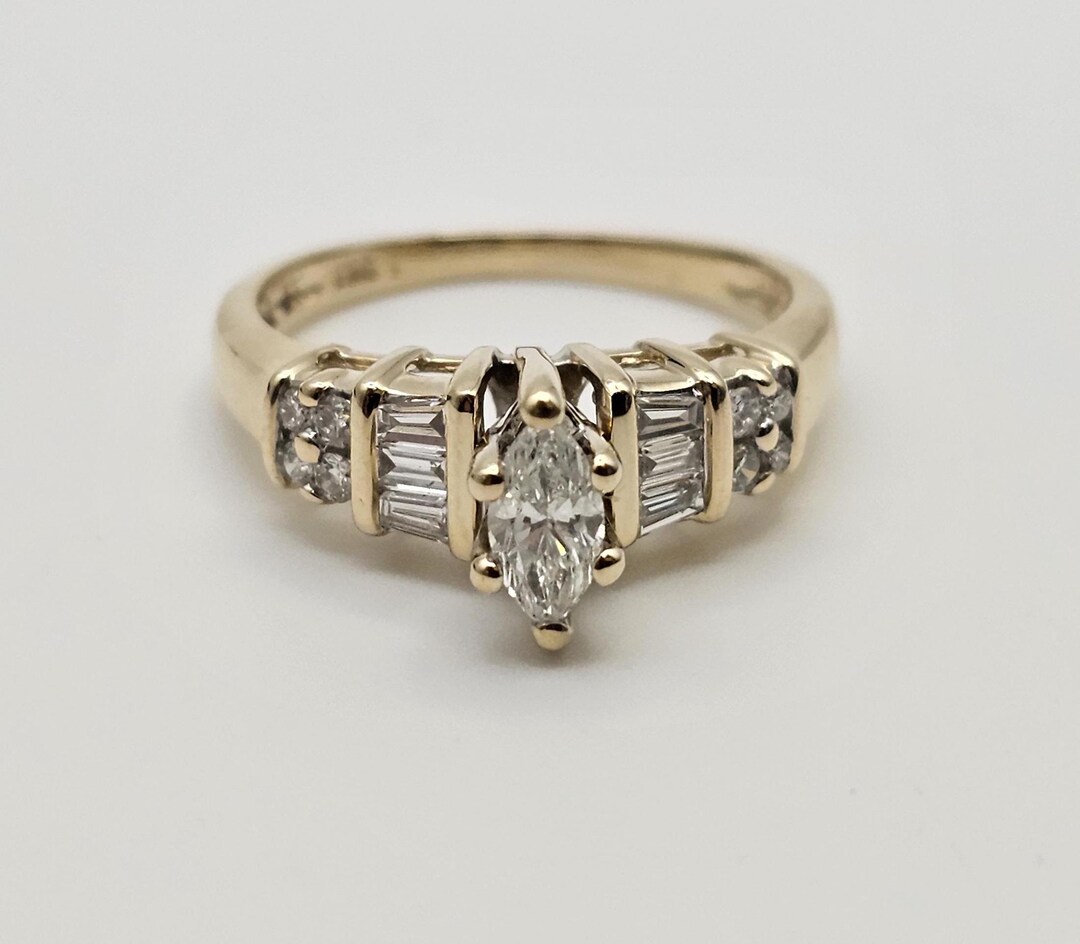 Vintage 14k Yellow Gold Marquise Diamond Engagement Ring, 0.57 CTW ...