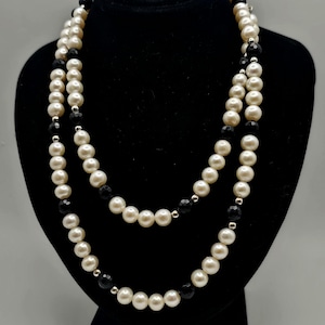 925 Sterling Silver Pearl and Black Onyx Necklace, Vintage Estate Jewelry, w#1169