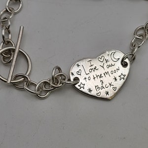 Engraved "I Love You To The Moon and Back" Bracelet, 925 Silver, Heart Bracelet, Sentiment Bracelet, Vintage Silver Jewelry, Item W #1043