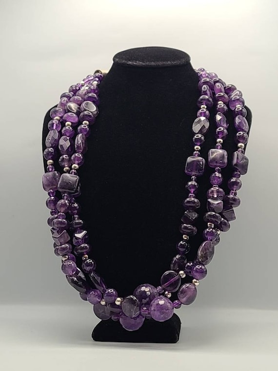 Amethyst Beaded Multi-Strand Necklace, 925 Silver,