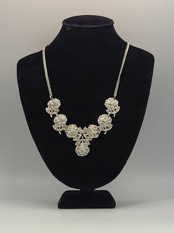 Marcasite Floral Sterling Silver 1950's Vintage N… - image 1