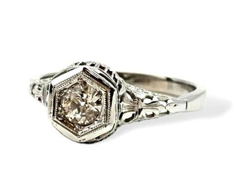 Vintage 14k White Gold Filigree Diamond Engagement Ring - Size 7.25 - Appraised Estate Jewelry