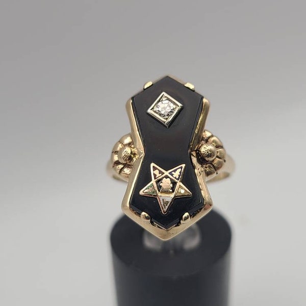 Order of the Eastern Star Ring, 10k Yellow Gold, Onyx and Diamond Ring, Vintage Estate Jewelry, Gift for Eastern Star, Size 6.5, w#2259