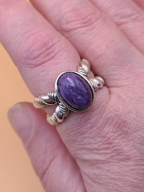Sculpted Cable Charoite Ring in 925 Silver, Desig… - image 2