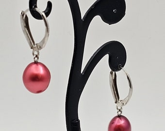 Cranberry Colored Pearl Dangle Earrings 925 Silver, Designer Honora, Estate Jewelry, June Birthday Gif, Item w#54