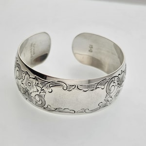 Vintage Etched Floral Cuff Bracelet 925 Sterling Silver Wide Flower Motif Cuff Bracelet by S. Kirk & Son, Estate Jewelry, w#1528