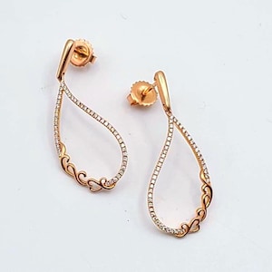Vintage 14k Rose Gold Diamond Teardrop Earrings, Heart Scroll Dangle Design, 0.36 CTW Natural Diamonds, Appraised Estate Jewelry, w#3286