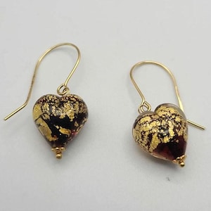 Vintage 14k Yellow Gold Murano Glass Heart Earrings, Estate Jewelry, w#2788