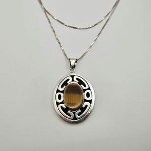 Sterling Silver Modernist Tiger&#39;s Eye Necklace, Mexican Artisan Signed, Vintage Estate Jewelry, w#1113