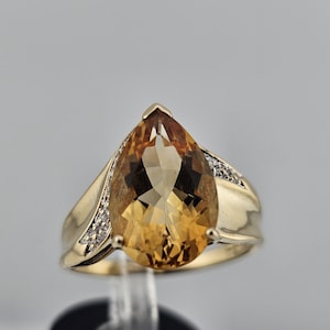 Vintage Citrine Diamond Ring 10k Yellow Gold 4.05Ct. Pear Cut Citrine Ring, November Birthstone, Estate Jewelry, w#1562