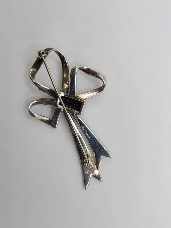 Marcasite and Onyx Bow Pin, 925 Silver, Marcasite… - image 4