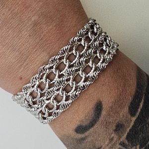 Vintage 925 Sterling Silver Rope and Oval Link Bracelet - Wide Opework 1970&#39;s Statement Bracelet, Estate Jewelry, w#3280