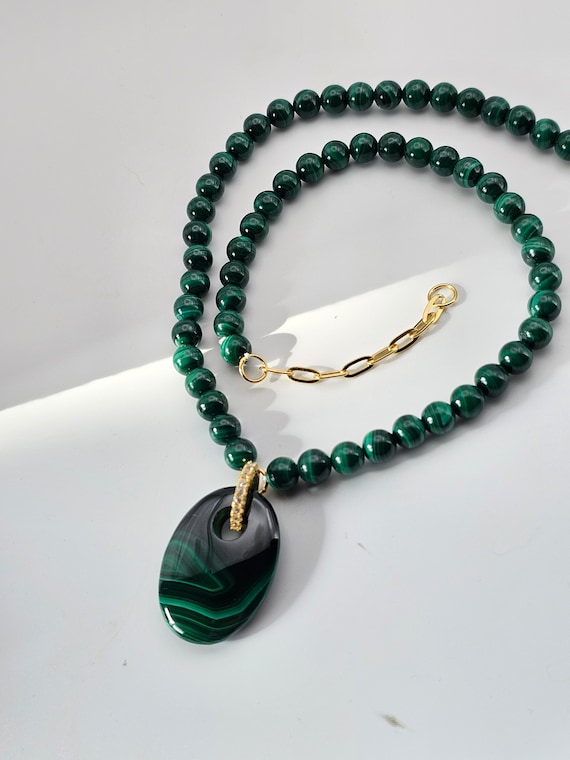 Malachite Bead Pendant Necklace, 925 Silver, Gold 