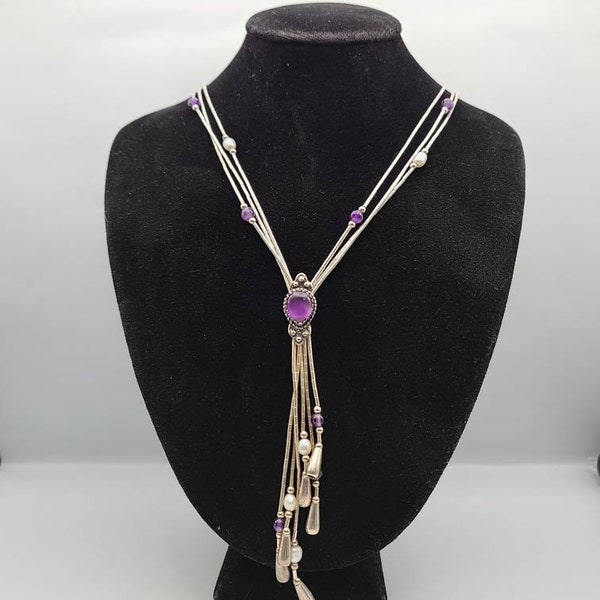 QT Quoc Liquid Silver Amethyst Necklace, 925 Silver Liquid Silver Necklace, Pearl Tassel Necklace, Vintage Southwestern Necklace Item w#655