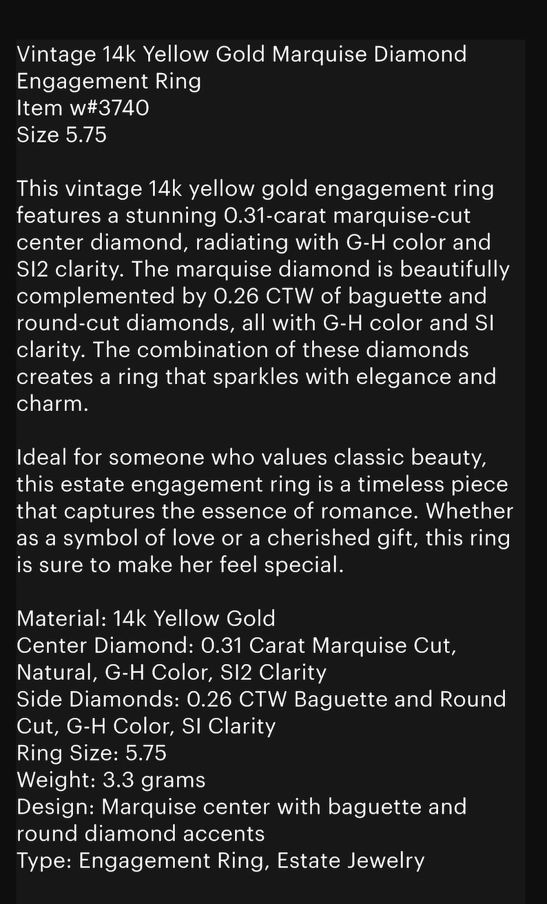 Vintage 14k Yellow Gold Marquise Diamond Engagement Ring - Size 5.75 ...