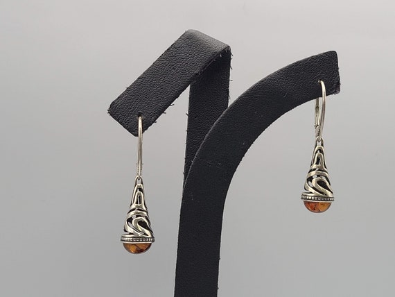 Natural Resin Drop Earrings, 925 Silver, Bali Ear… - image 1
