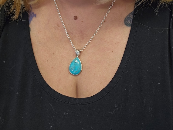 Turquoise Teardrop Pendant Necklace, 925 Silver, … - image 2