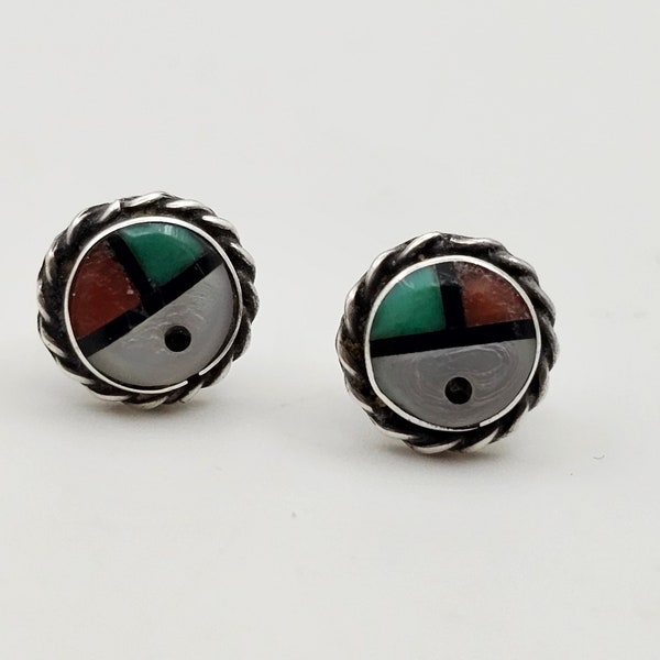 Zuni Sunface Earrings, Sterling Silver, Native American Jewelry, Inlaid Stone Earrings, Vintage Estate Jewelry, w#2993
