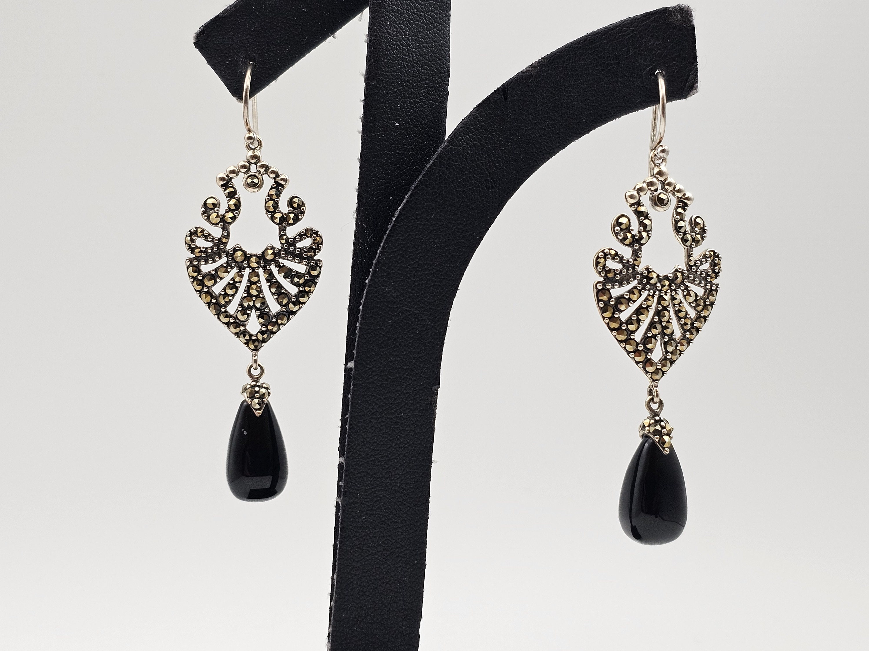 Vintage 925 Sterling Silver Marcasite Black Onyx Earrings