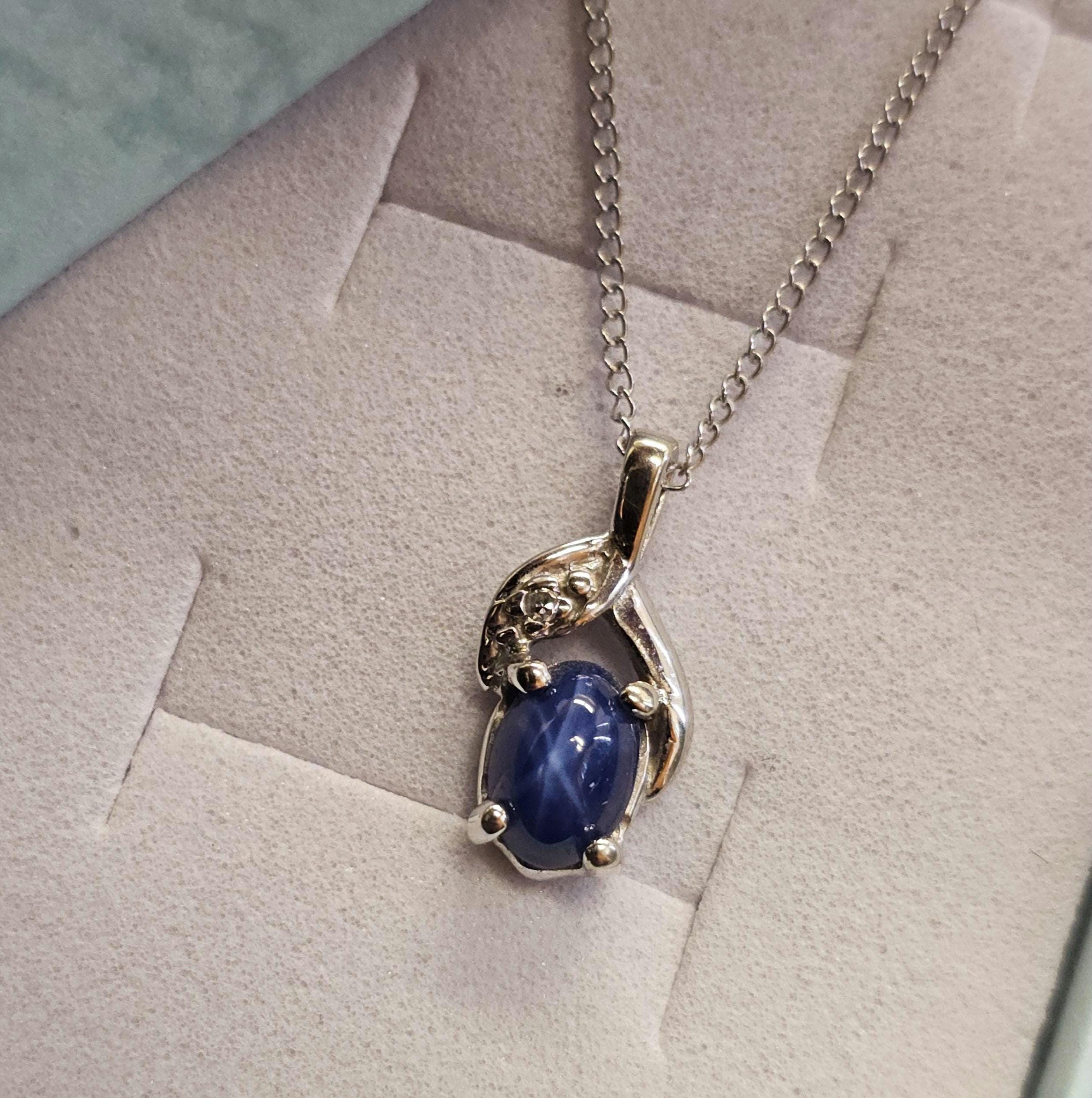 Vintage 14k White Gold Synthetic Star Sapphire Necklace - Natural Diamond Accent Pendant Necklace - Estate Jewelry, w#3325